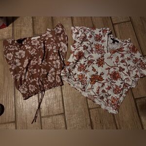 BUNDLE! Andrew Marc White Floral Linen Top and Monteau Brown Floral Blouse